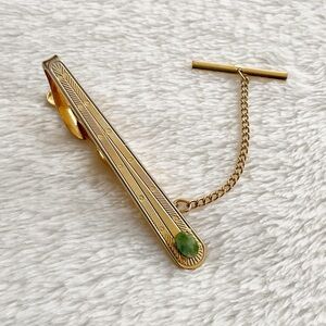 Vintage Dante Gold Tone Tie Bar Green Stone Signed Mid Century 60s 70s